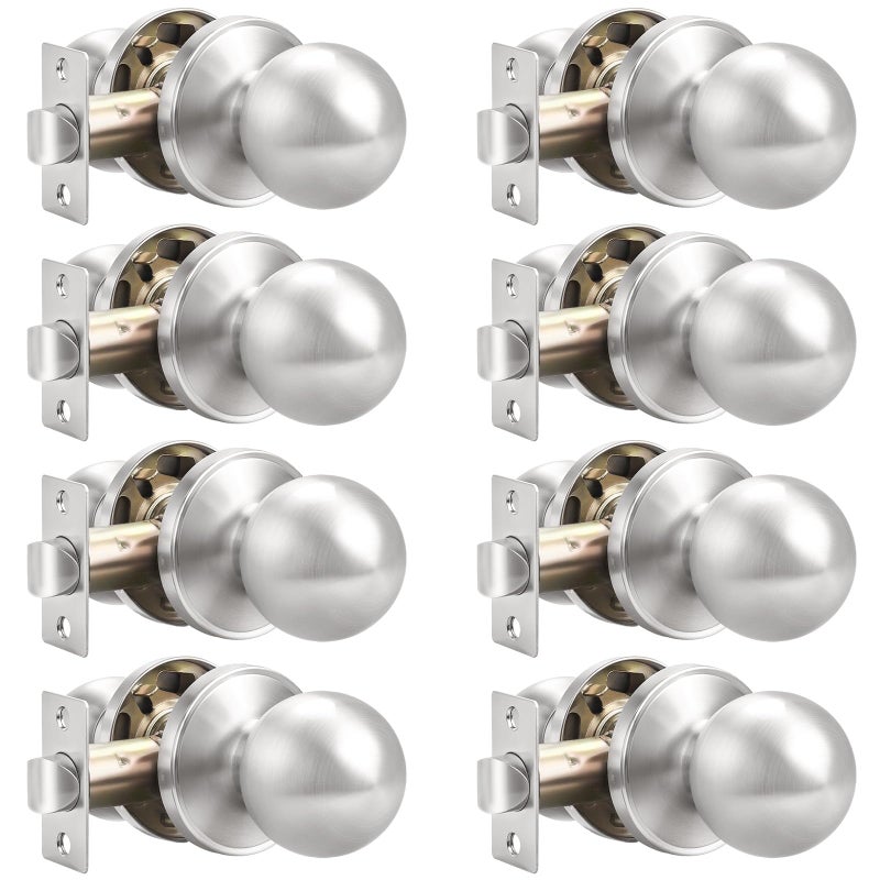 Probrico 8 Pack Interior Round Passage Keyless Door Knobs Door Lock Lockset Without Key Doorknobs Satin Nickel for Hall/Closet-Door Knob 607 - Image 1